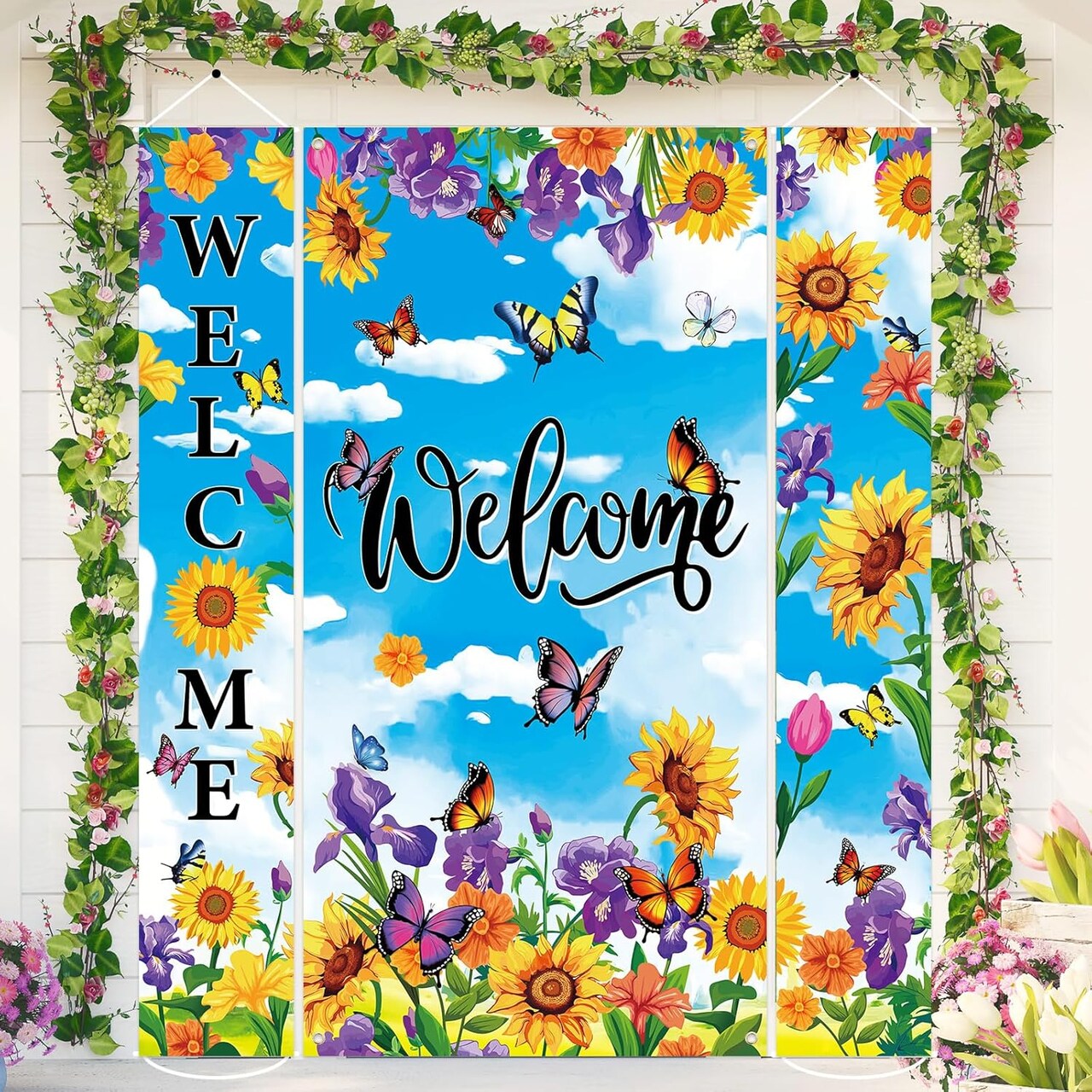 3Pcs Floral Welcome Door Cover Watercolor Flower Sunflower Butterfly Hanging Porch Banner for Spring Seasonal Indoor Outdoor Home Party Decor